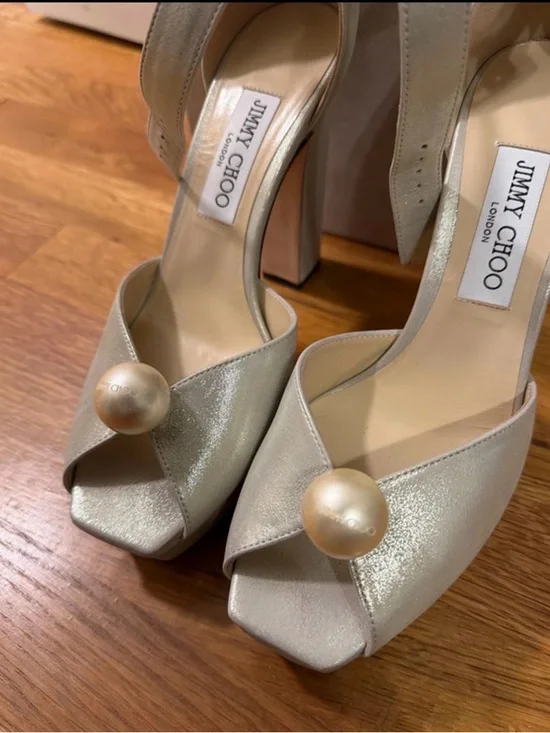 Jimmy Choo Socorie 120MM Shimmer Peep-Toe Platforms with Pearl Accent - Picture 2 of 5